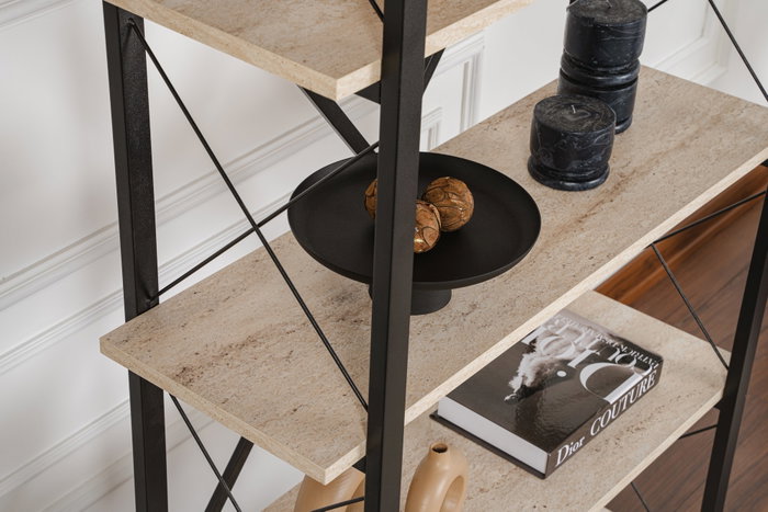 Nordure Estantería Travertino Negro Ancho 90 cm Alto 180 cm Profundo 33.5 cm Melamina Metal